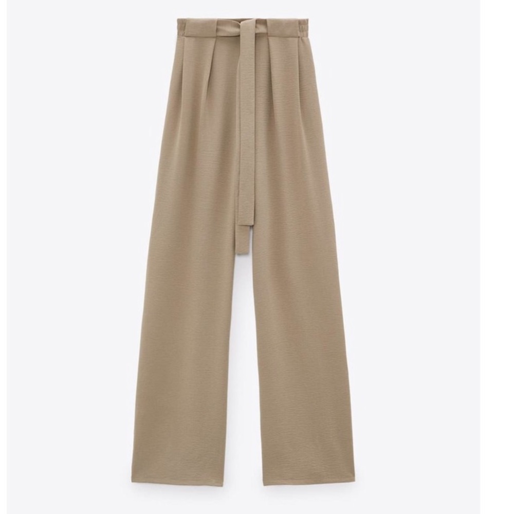 Zara Tan Tie Front Wide Flowy Pants